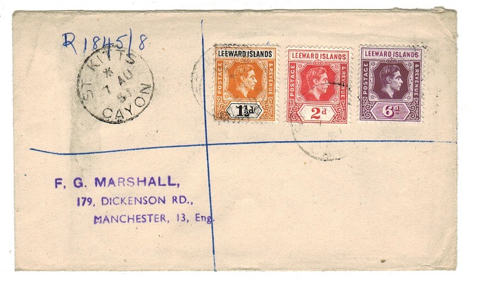ST.KITTS - 1951 registered cover to UK with Leeward key plates used at CAYON.