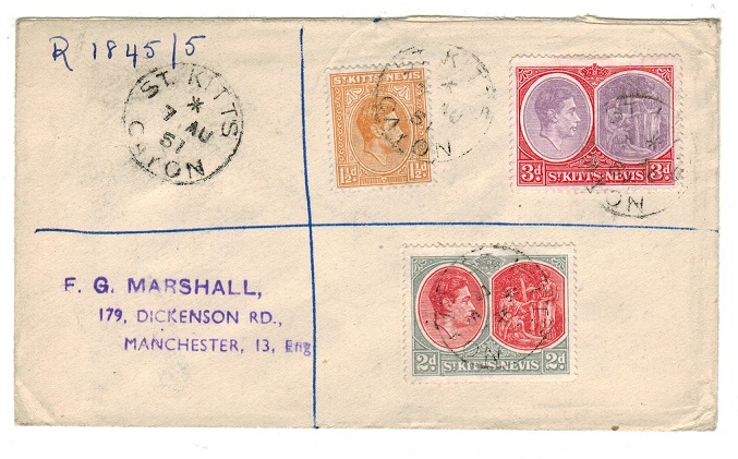 ST.KITTS - 1951 registered cover to UK used at CAYON.
