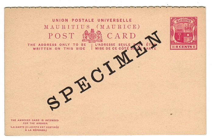 MAURITIUS - 1896 8c+8c PSRC unused with diagonal SPECIMEN h/s. H&G 12.