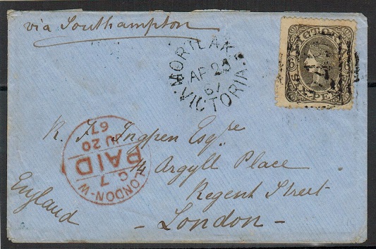 VICTORIA - 1867 6d rate cover to UK used at MORTLAKE.