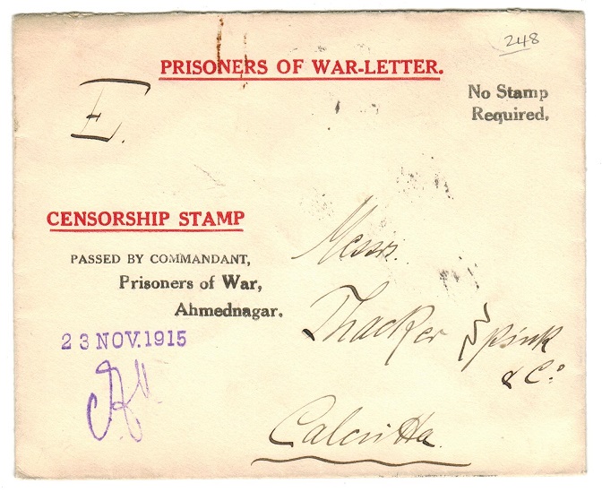 INDIA - 1915 PRISONER OF WAR LETTER envelope from Ahmednagar Camp to Calcutta.