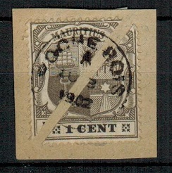 MAURITIUS - 1900 1c black bi-sected pair on piece cancelled ROCHE BOIS.