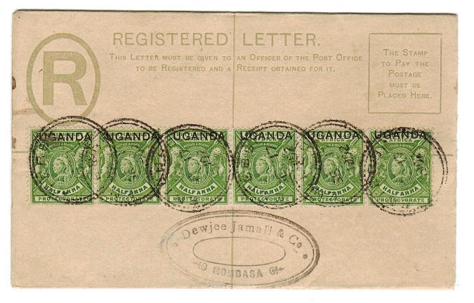 UGANDA - 1902 2a red-brown RPSE to Mombasa bearing 1/2a (x6) used at ENTEBBE.  H&G 1.