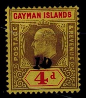 CAYMAN ISLANDS - 1908 1d black surcharge on 4d mint REVENUE adhesive.

