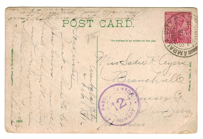 INDIA - 1916 1a rate Bombay censored postcard to USA from AMBALA CITY. 
