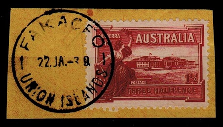 TOKELAU - 1939 use of Australian 1 1/2d adhesive ay FAKAOFO/UNION ISLANDS.