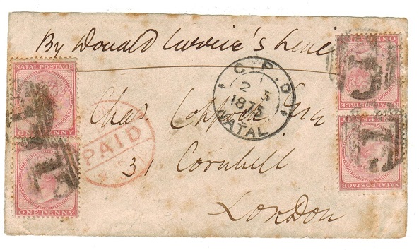 NATAL - 1875 (front only) to UK carried on the Doland Curries Line.