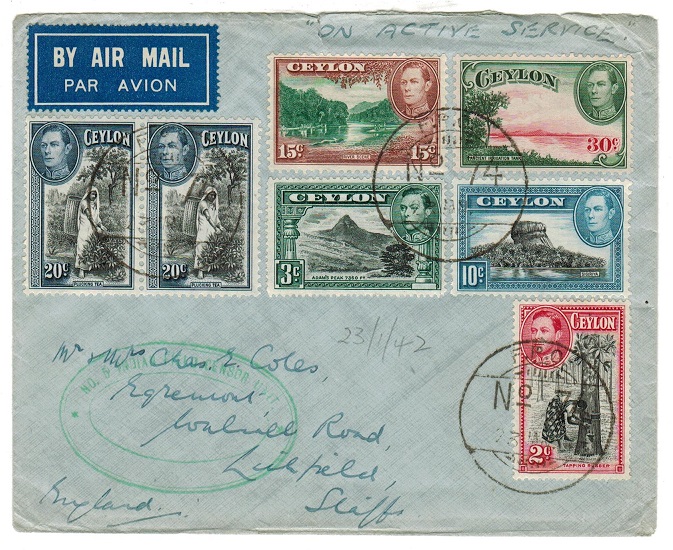 CEYLON - 1942 INDIAN FPO/74 cover to UK with No.5 INDIAN CENSOR UNIT handstamp.