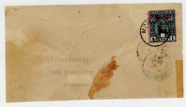 BRITISH EAST AFRICA - 1898 2 1/2a on 1a surcharge adhesive on local cover from MOMBASA.