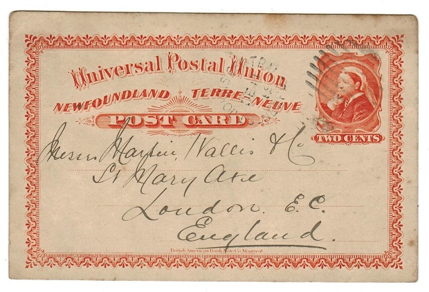 NEWFOUNDLAND - 1880 2c PSC to UK used at ST.JOHNS CENTRAL.  H&G 4.