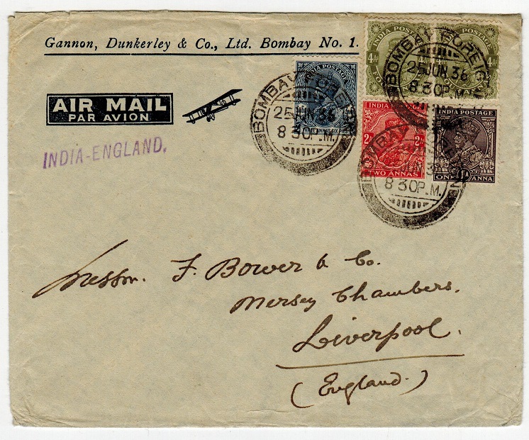 INDIA - 1936 cover to UK with INDIA-ENGLAND transmission strike in violet.