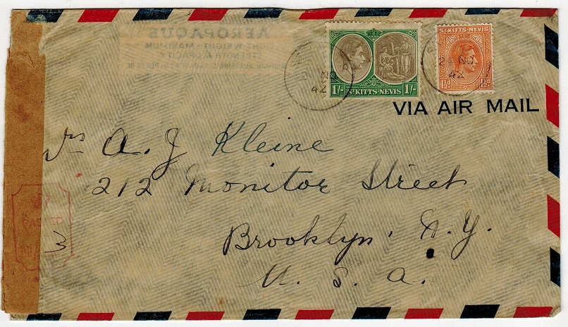 ST.KITTS - 1942 censor cover to USA.