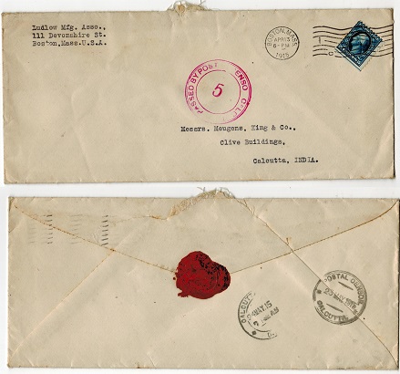 INDIA - 1915 inward cover from USA with PASSED BY POSTAL CENSOR/CALCUTTA/5 handstamp.