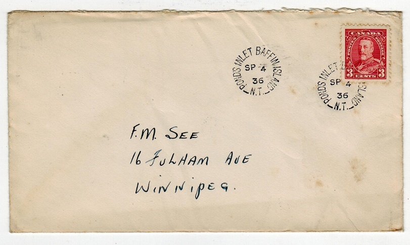 CANADA - 1936 3c local cover used at PONDS INLET BAFFIN ISLAND.