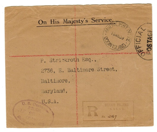GILBERT AND ELLICE IS - 1939 OFFICIAL/POSTAGE/FREE official registered cover to USA.