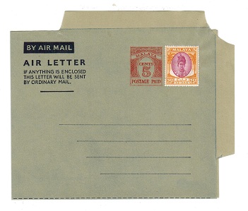 MALAYA - 1954 5c PS air letter officially uprated with 25c. Unused.  H&G 1a.