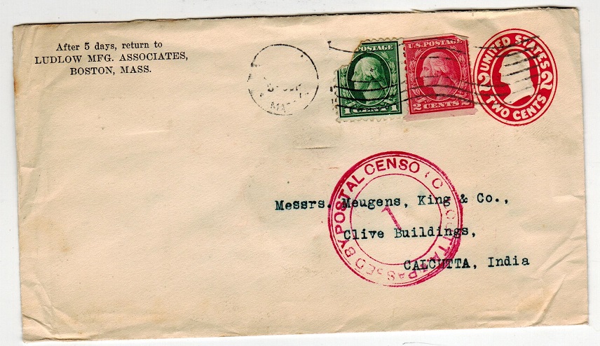INDIA - 1915 inward PSE from USA with PASSED BY POSTAL CENSOR/1/CALCUTTA handstamp applied.