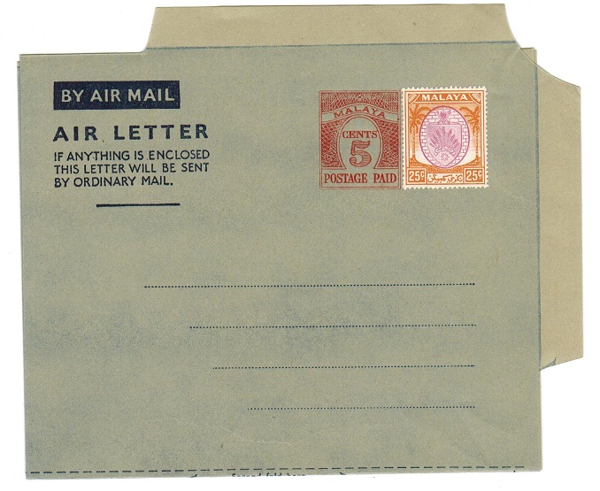 MALAYA - 1954 5c PS air letter officially uprated with 25c. Unused.  H&G 1a.