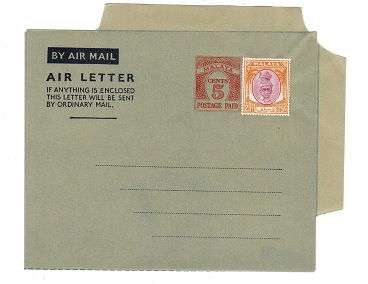 MALAYA - 1954 5c PS air letter officially uprated with 25c. Unused.  H&G 1a