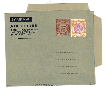 MALAYA - 1954 5c PS air letter officially uprated with 25c. Unused.  H&G 1a