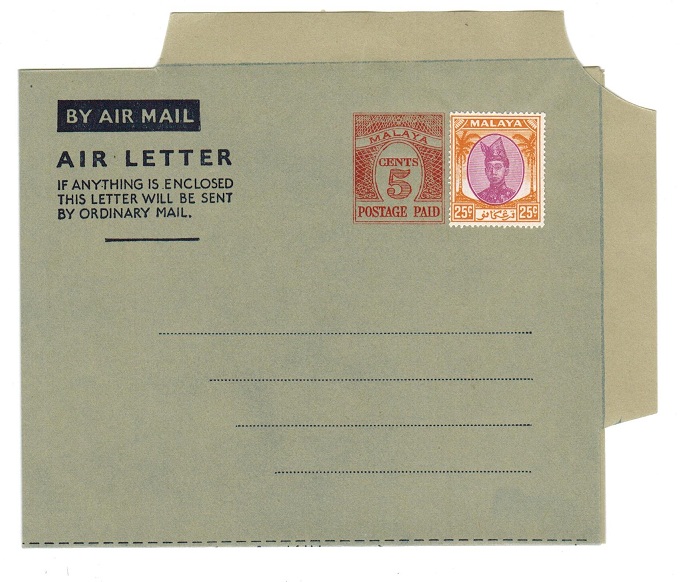 MALAYA - 1954 5c PS air letter officially uprated with 25c. Unused.  H&G 1a.