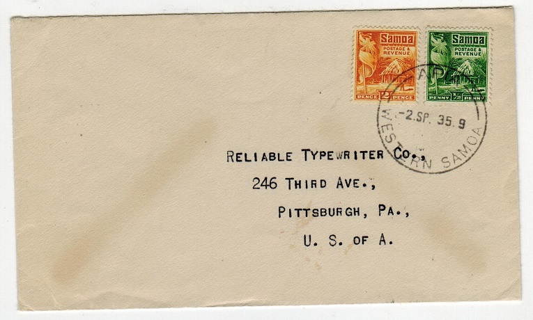 SAMOA - 1935 2 1/2d rate cover to USA used at APIA.