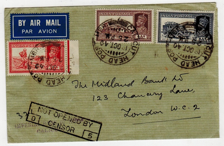 INDIA - 1940 cover to UK with NOT OPENED BY CENSOR h/s used at CALCUTTA HEAD POST MBR.