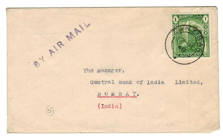 ZANZIBAR - 1948 1/- rate air mail cover to India.