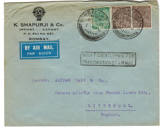 INDIA - 1934 cover to UK with INSUFFICIENTLY PAID FOR/TRANSMISSION BY AIR MAIL h/s.