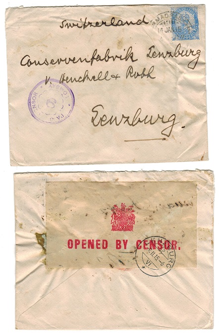INDIA - 1915 censor cover to Switzerland with 2a6a PERFIN used at MADRAS.