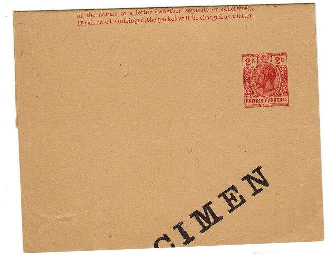 BRITISH HONDURAS - 1920 2c red postal stationery wrapper unused and struck SPECIMEN.  H&G 2.
