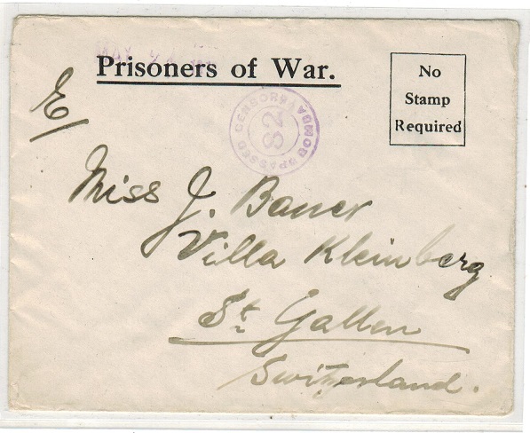 INDIA - 1917 (circa) PRISONER OF WAR censored envelope to Switzerland from Ahmednagar POW Camp.