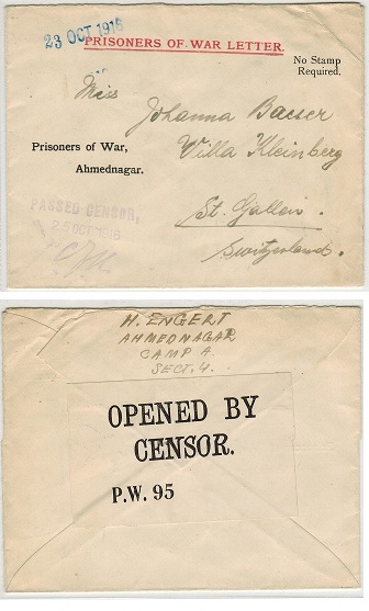 INDIA - 1916 PRISONER OF WAR censored envelope to Switzerland from Ahmednagar POW Camp.