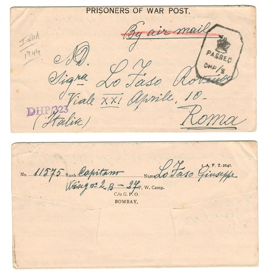 INDIA - 1944 use of PRISONERS OF WAR POST letter sheet censored to Italy.