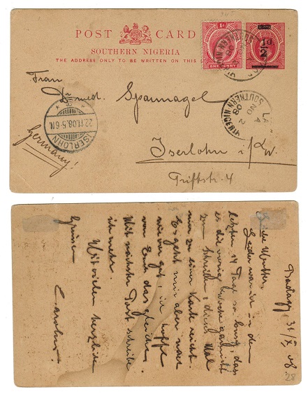 SOUTHERN NIGERIA - 1908 1/2d on 1d PSC uprated with additional 1d to Germany used at LAGOS.  H&G 4.