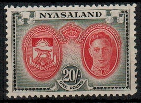 NYASALAND - 1945 20/- scarlet and black fine mint.  SG 157.