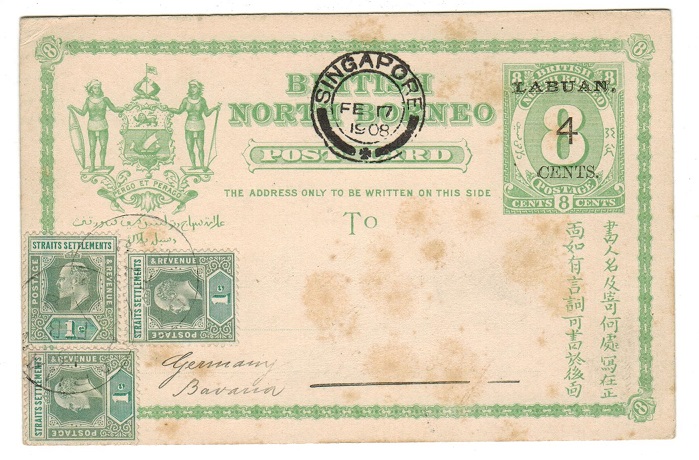 LABUAN - 1896 4c on 8c PSC to Germany (faults) with Straits Settlements 1c (x3) tied LABUAN.