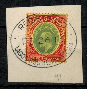 SOUTHERN NIGERIA - 1912 5/- green and red on yellow superb used on piece.  SG 54.