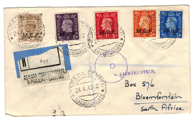 B.O.F.I.C. (Eritrea) - 1945 (SG M1-M5) censored cover to South Africa used at ASMARA. 