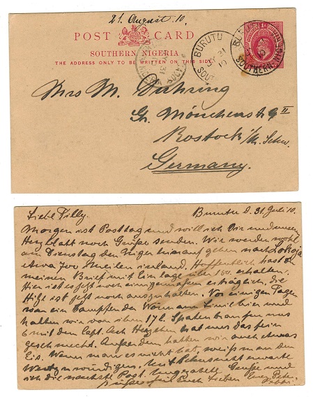 SOUTHERN NIGERIA - 1903 1d carmine PSC to Germany used at BURUTU.  H&G 2.