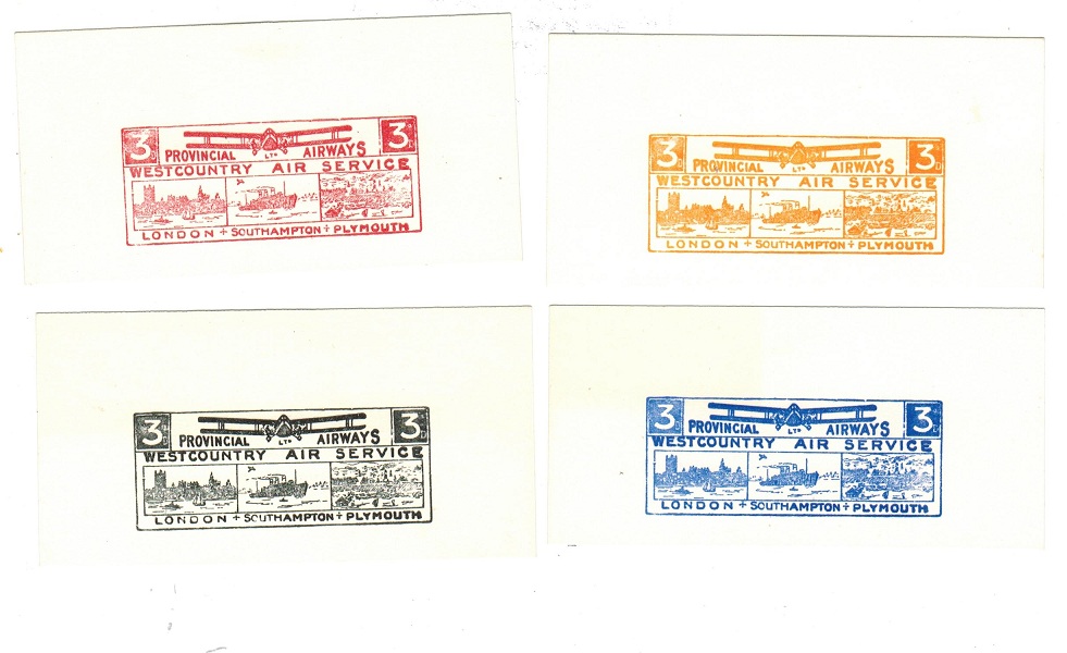 GREAT BRITAIN - 1933 PROVINCIAL AIRWAYS Ltd 3d IMPERFORATE PROOFS (x4).