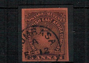 BRITISH EAST AFRICA - 1893 3a black and red IMPERFORATE single cancelled MOMBASSA.  SG 8ab.