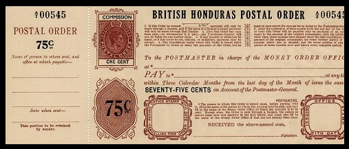 BRITISH HONDURAS - 1937 75c+1c POSTAL ORDER unused.