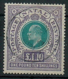 NATAL - 1902 £1.10/- green and violet adhesive cancelled DURBAN/NATAL.  SG 143.