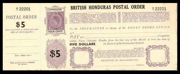 BRITISH HONDURAS - 1953 $5+4c POSTAL ORDER unused.