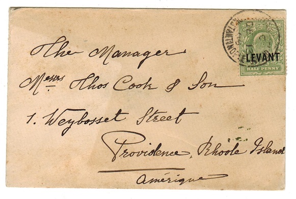 BRITISH LEVANT - 1909 1/2d rate cover to USA.