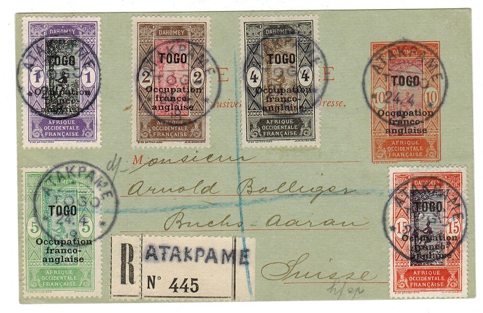 TOGO - 1917 10c PSC registered to Switzerland uprated at ATAKPAME.  H&G 1.