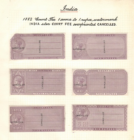 INDIA - 1882 series of 14 COURT FEE adhesives mint each handstamped CANCELLED.