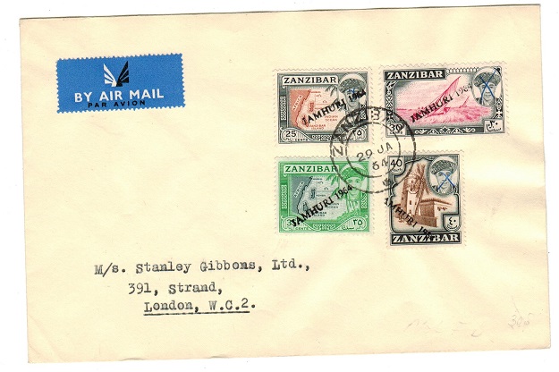ZANZIBAR - 1964 JAMHURI handstamp cover to UK.