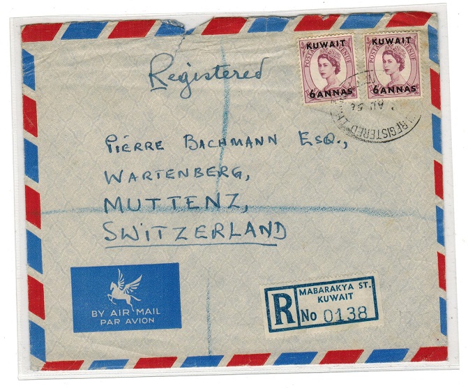KUWAIT - 1956 registered cover to Switzerland used at MABARAKYA STREET.